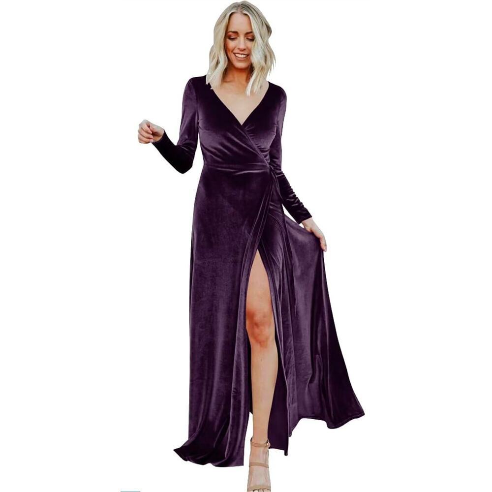Velvet Maxi wrap Prom Bridesmaid dress Purple Witchy vibes High slit Formal